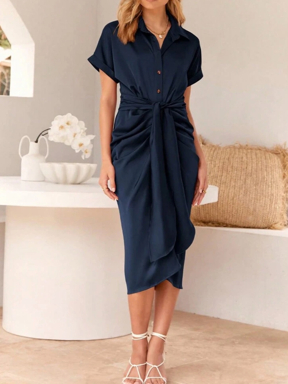 Navy Blue Tie-Front Shirt Dress